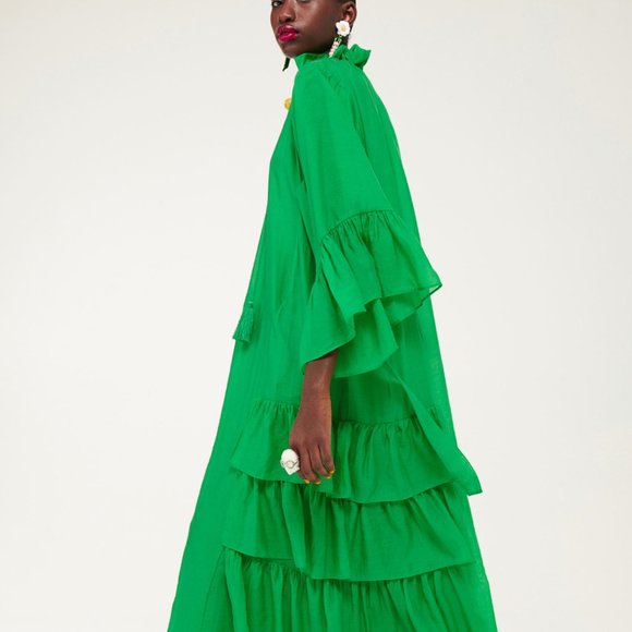 Iris Apfel X H&M MEDIUM Long Flounced Tassels Oversized Green Maxi Dress SMALL - Picture 6 of 10